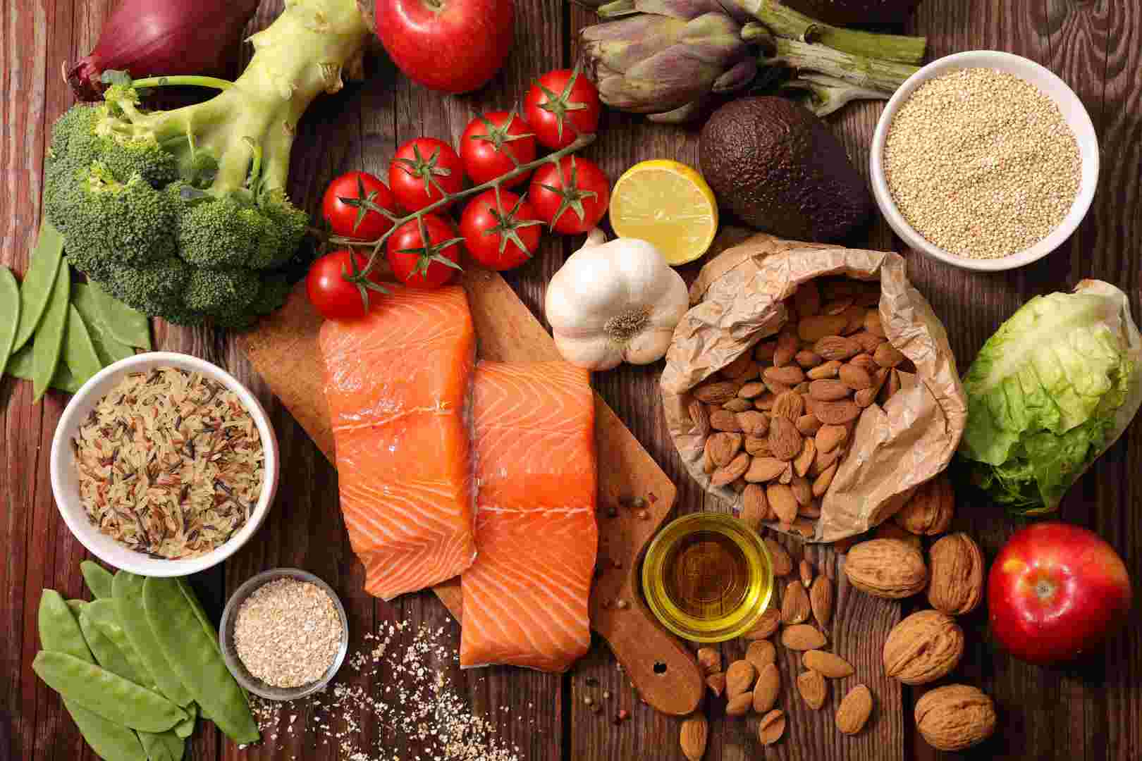 Variety of food: Fruits and vegetables, grains and nuts, and fish.