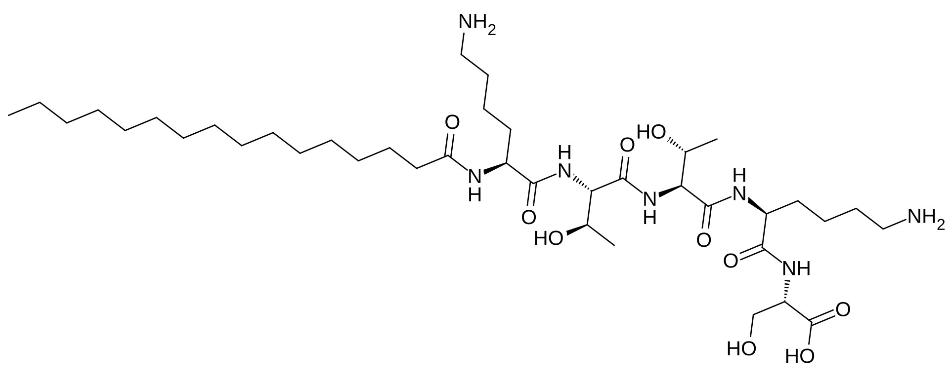 Palmitoyl pentapeptide-4 (Pal-Lys-Thr-Thr-Lys-Ser) contains 5 amino acids linked to a 16-carbon aliphatic chain.